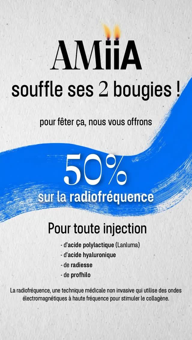 🎁 Pour célébrer nos 2 bougies, nous vous offrons -50% sur la RADIOFRÉQUENCE.

👉 Pour toute injection d’acide polylactique, acide hyaluronique, Radiesse ou Profhilo.

💡 La radiofréquence, c’est une technique médicale non invasive qui utilise des ondes électromagnétiques à haute fréquence pour stimuler la production de collagène, raffermir et lisser la peau naturellement.
Un combo idéal pour des résultats visibles et durables ! 💆‍♀️💉

📍 Offre valable en avril à la Clinique AMiiA, c’est le moment de prendre rendez-vous ⬇️

💻 www.amiiaclinique.ch 
📞 021 577 63 53 
💌 info@amiiaclinique.ch

Faites-vous plaisir tout en prenant soin de vous 💙

#amiiaclinique #lausanne #radiofrequence
